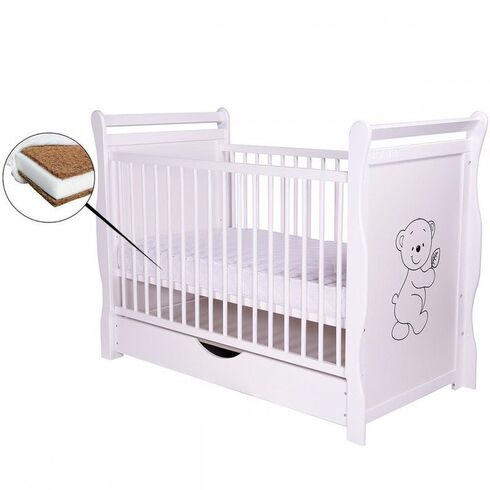 Patut din lemn BabyNeeds Jas Ursulet 120x60 cm, cu sertar, Alb + Saltea 12 cm  - ExclusivMAG.ro