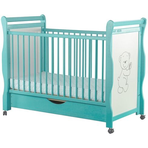 Patut din lemn BabyNeeds Jas Ursulet 120x60 cm, cu sertar, Mint