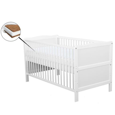 Patut din lemn BabyNeeds Nadia 140x70 cm, transformabil, Alb + Saltea 12 cm