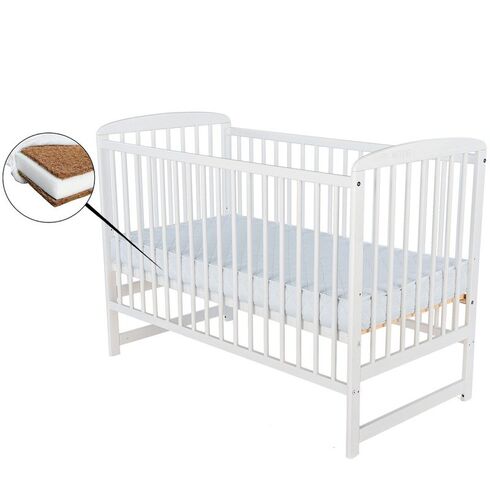 Patut din lemn BabyNeeds Ola 120x60 cm, Alb + Saltea 10 cm