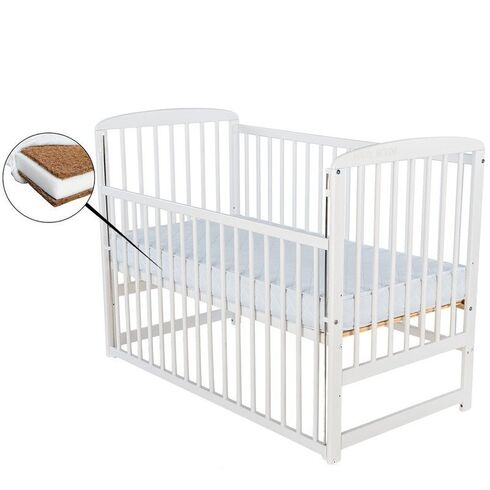 Patut din lemn BabyNeeds Ola 120x60 cm, cu laterala culisanta, Alb + Saltea 8 cm