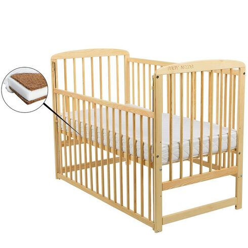 Patut din lemn BabyNeeds Ola 120x60 cm, cu laterala culisanta, Natur + Saltea 10 cm
