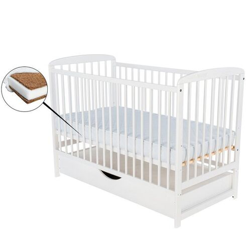 Patut din lemn BabyNeeds Ola 120x60 cm, cu sertar, Alb + Saltea 8 cm
