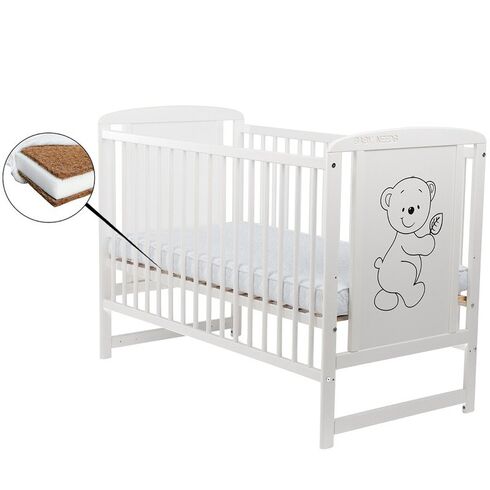 Patut din lemn BabyNeeds Timmi 120x60 cm, Alb + Saltea 10 cm