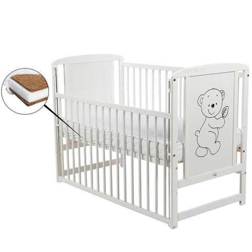 Patut din lemn BabyNeeds Timmi 120x60 cm, cu laterala culisanta, Alb + Saltea 8 cm