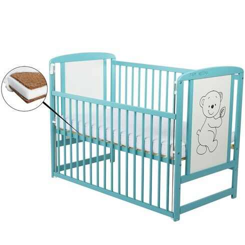 Patut din lemn BabyNeeds Ola 120x60 cm, cu laterala culisanta, Alb + Saltea 10 cm
