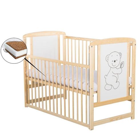 Patut din lemn BabyNeeds Timmi 120x60 cm, cu laterala culisanta, Natur + Saltea 8 cm