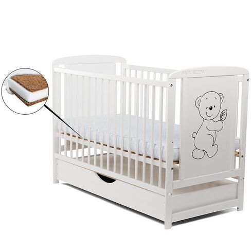 Patut din lemn BabyNeeds Timmi 120x60 cm, cu sertar, Alb + Saltea 8 cm