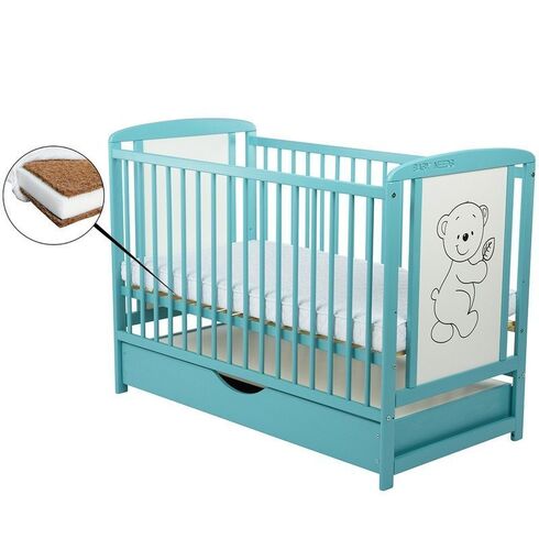 Patut din lemn BabyNeeds Timmi 120x60 cm, cu sertar, Mint + Saltea 8 cm