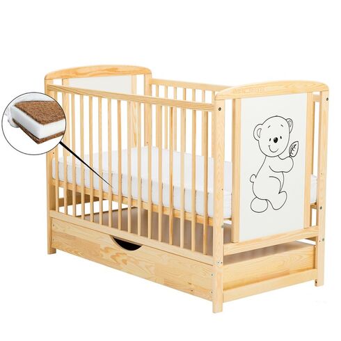Patut din lemn BabyNeeds Timmi 120x60 cm, cu sertar, Natur + Saltea 10 cm, Culoare: Natur, Dimensiuni: 120x60