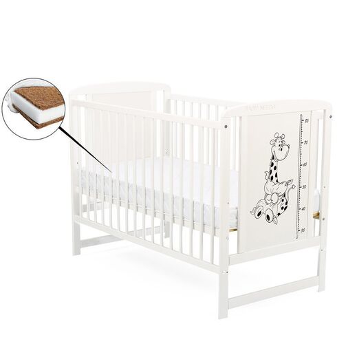 Patut din lemn BabyNeeds Timmi Girafa 120x60 cm, Alb + Saltea 8 cm