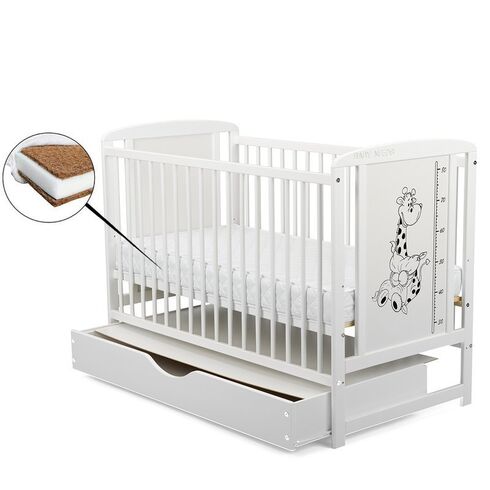 Patut din lemn BabyNeeds Timmi Girafa 120x60 cm, cu sertar, Alb + Saltea 12 cm