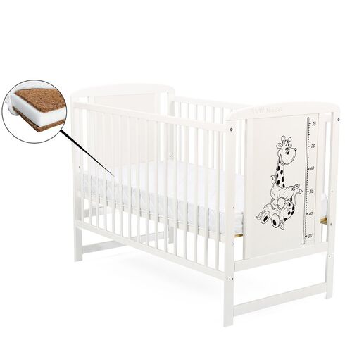 Patut din lemn BabyNeeds Timmi Girafa 120x60 cm, Alb + Saltea 10 cm