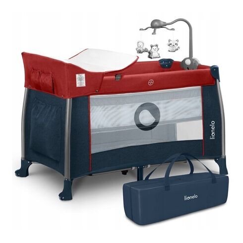 Patut pliant Lionelo Thomi, 120 x 60 cm, nivel intermediar, carusel, masuta de infasat, Burgundy Blue, Culoare: Rosu
