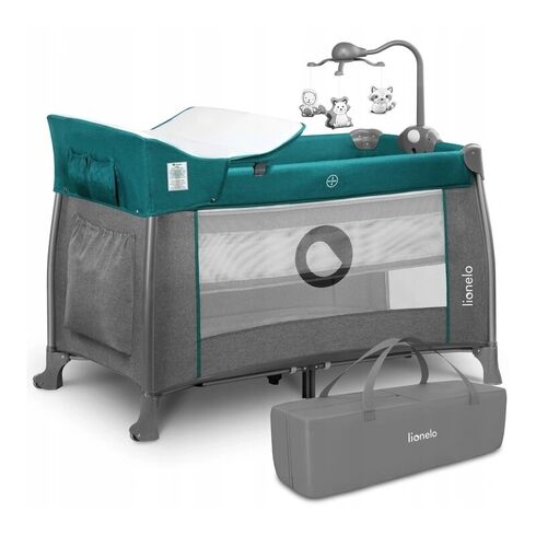 Patut pliant Lionelo Thomi, 120 x 60 cm, nivel intermediar, carusel, masuta de infasat, Green Turquoise, Culoare: Turquoise