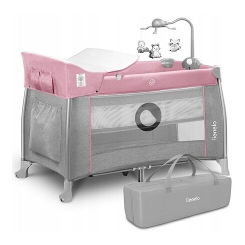 Patut pliant Lionelo Thomi, 120 x 60 cm, nivel intermediar, carusel, masuta de infasat, Pink Baby, Culoare: Roz