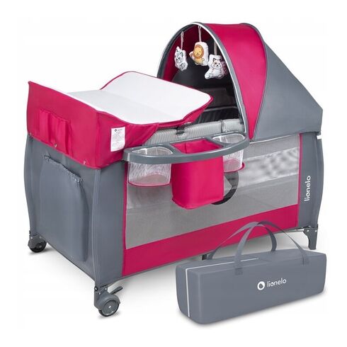 Patut pliant Lionelo Sven Plus, 120 x 60 cm, nivel intermediar, arcada jucarii, masuta de infasat, Pink Rose, Culoare: Roz, Dimensiuni: 120x60