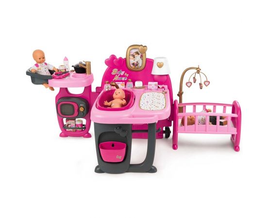 Centru de ingrijire pentru papusi Smoby Baby Nurse Doll`s Play Center roz cu 23 accesorii
