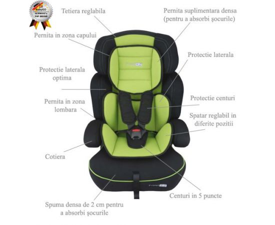 BabyGo - Scaun Auto Freemove Green, Culoare: Verde, Grupa: 9-36kg (9 luni - 12 ani)