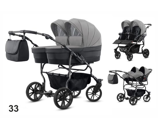 Carucior pentru gemeni Mikado TWIN 2023 T-33 3 in 1, Culoare: Gri/Negru