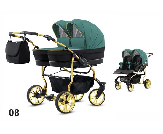 Carucior pentru gemeni Mikado TWIN 2023 T-08 2 in 1, Culoare: Verde inchis