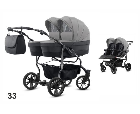 Carucior pentru gemeni Mikado TWIN 2023 T-33 2 in 1, Culoare: Gri/Negru