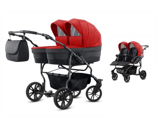 Carucior pentru gemeni Mikado TWIN 2023 T-32 2 in 1, Culoare: Rosu/Negru