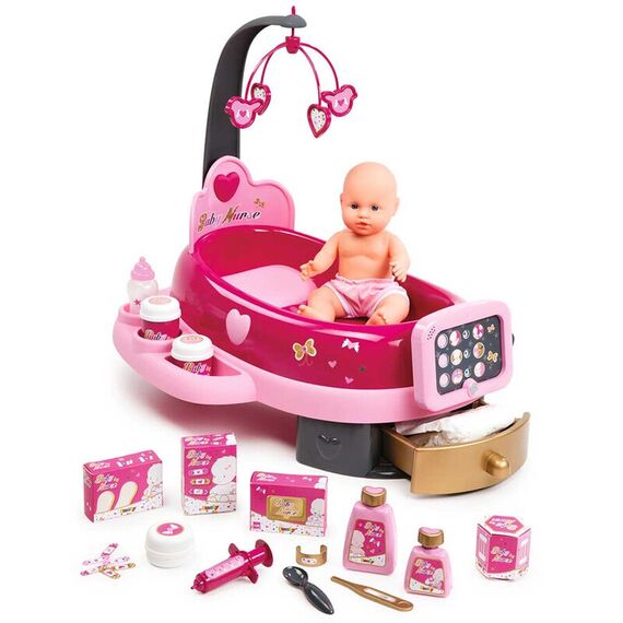 Set cadita si accesorii pentru papusi Smoby Baby Nurse Nursery roz  - ExclusivMAG.ro