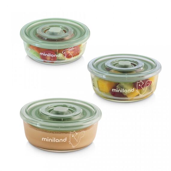 Set 3 recipiente din sticla 300 ml ermetice Chip Miniland Baby, Culoare: Verde  - ExclusivMAG.ro