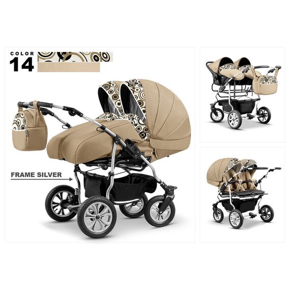 Carucior pentru gemeni Mikado DUET LUX D-14 3 in 1, Culoare: Crem  - ExclusivMAG.ro