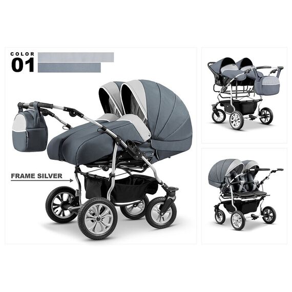 Carucior pentru gemeni Mikado DUET LUX D-01 3 in 1, Culoare: Alb/Gri  - ExclusivMAG.ro