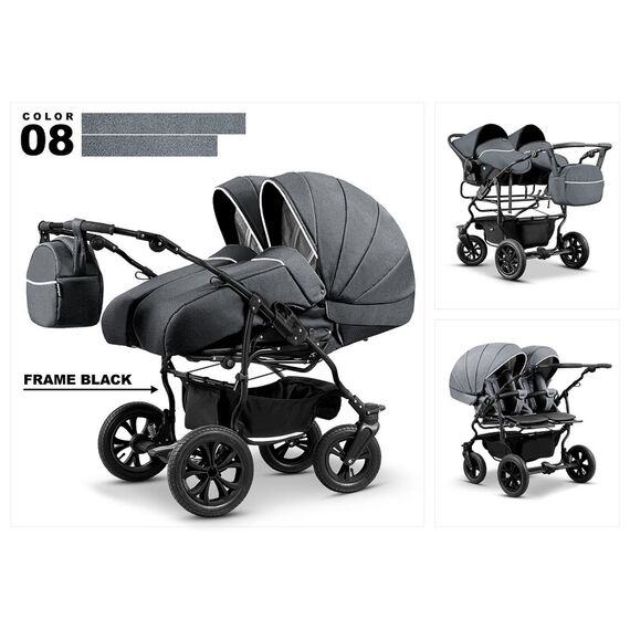 Carucior pentru gemeni Mikado DUET LUX D-08 3 in 1, Culoare: Gri  - ExclusivMAG.ro