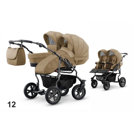 Carucior pentru doi copii Mikado GOLDSTAR 0+1 (T01-12) Bej/Cadru Grafit, Culoare: Crem  - ExclusivMAG.ro