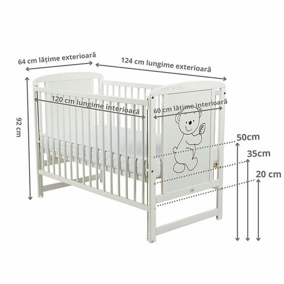Patut din lemn BabyNeeds Timmi 120x60 cm, cu laterala culisanta, Alb - poza 3 - ExclusivMAG.ro