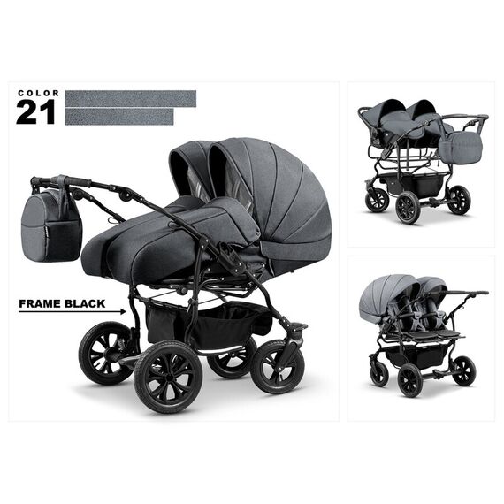 Carucior pentru gemeni Mikado DUET LUX D-21 3 in 1, Culoare: Gri/Negru  - ExclusivMAG.ro