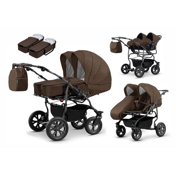 Carucior pentru gemeni Mikado DUET LUX D-225 3 in 1, Culoare: Maro  - ExclusivMAG.ro