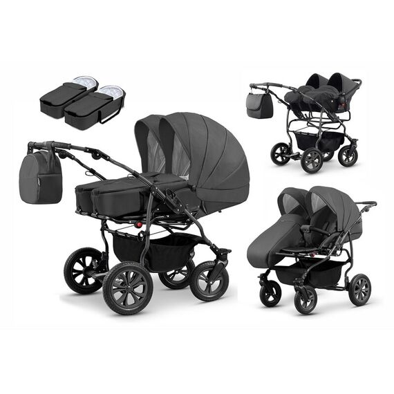 Carucior pentru gemeni Mikado DUET LUX D-223 3 in 1, Culoare: Gri/Negru  - ExclusivMAG.ro