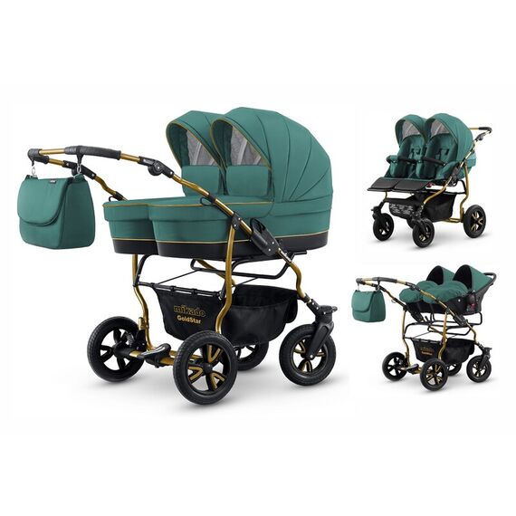 Carucior pentru gemeni Mikado GOLDSTAR GS-09 3 in 1, Culoare: Turcoaz  - ExclusivMAG.ro
