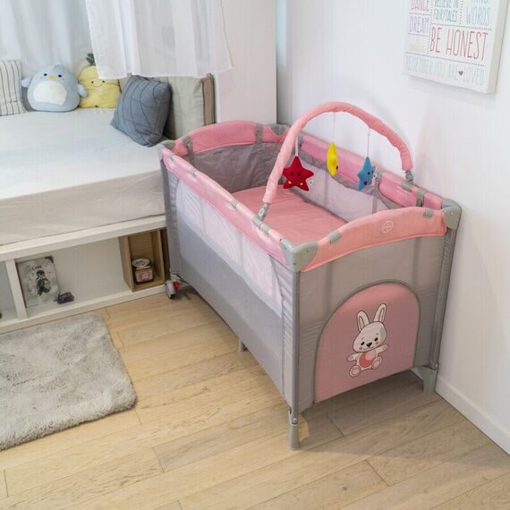 Patut pliant 2 nivele Juju Sleepy Baby, Hunny Bunny, Culoare: Roz, Dimensiuni: 120x60 - poza 5 - ExclusivMAG.ro