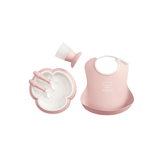 Set hranire: farfurie, lingurita, furculita, pahar si bavetica pentru bebe, Powder Pink BabyBjorn, Culoare: Roz  - ExclusivMAG.ro