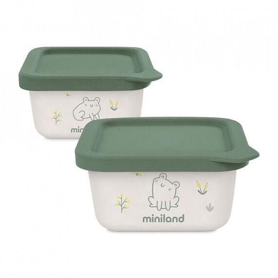 Set 2 recipiente ermetice mancare solida Frog Miniland, Culoare: Verde  - ExclusivMAG.ro