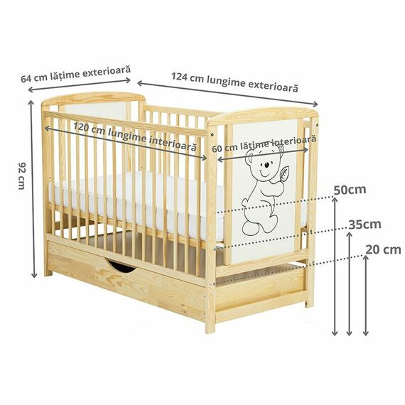 Patut din lemn BabyNeeds Timmi 120x60 cm, cu sertar, Natur + Saltea 10 cm, Culoare: Natur, Dimensiuni: 120x60 - poza 4 - ExclusivMAG.ro