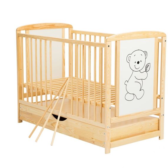 Patut din lemn BabyNeeds Timmi 120x60 cm, cu sertar, Natur + Saltea 10 cm, Culoare: Natur, Dimensiuni: 120x60 - poza 3 - ExclusivMAG.ro