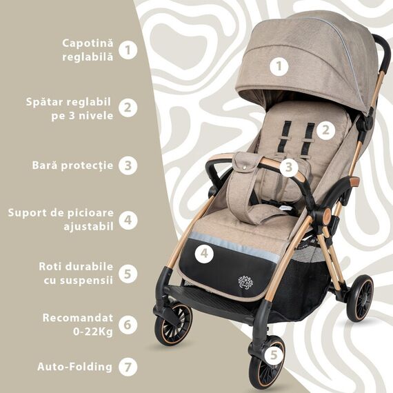 Carucior Sport AppeKids Upp, De la nastere la 22kg - Bubble Beige, Culoare: Crem, Model: sport - poza 2 - ExclusivMAG.ro