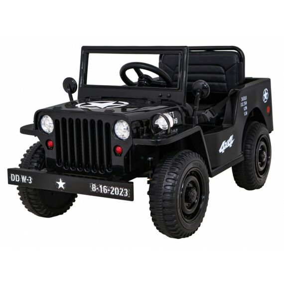 Masinuta electrica cu telecomanda Military Retro 4 X 4, roti EVA, scaun tapitat, putere 140W - Negru, Culoare: Negru, Capacitate acumulator: 12V  - ExclusivMAG.ro