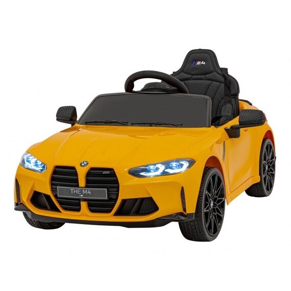 Masinuta electrica cu telecomanda BMW M4, roti EVA, scaun tapitat, putere 70W - Galben, Culoare: Galben, Capacitate acumulator: 12V  - ExclusivMAG.ro