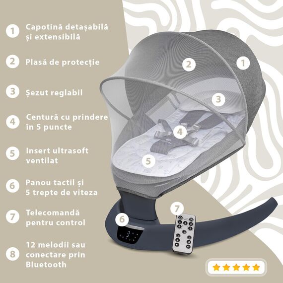 Leagan electric pentru bebelusi, cu spatar reglabil si senzor de miscare, AppeKids Evoque - Powder Grey, Culoare: Gri - poza 2 - ExclusivMAG.ro