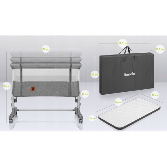 Patut co-sleeper, Lionelo, Aurora, 3 in 1, Cu leganare si setare unghiulara, Pana la 9 kg, 0 luni+, Gri, Culoare: Gri, Dimensiuni: 80x50 - poza 11 - ExclusivMAG.ro