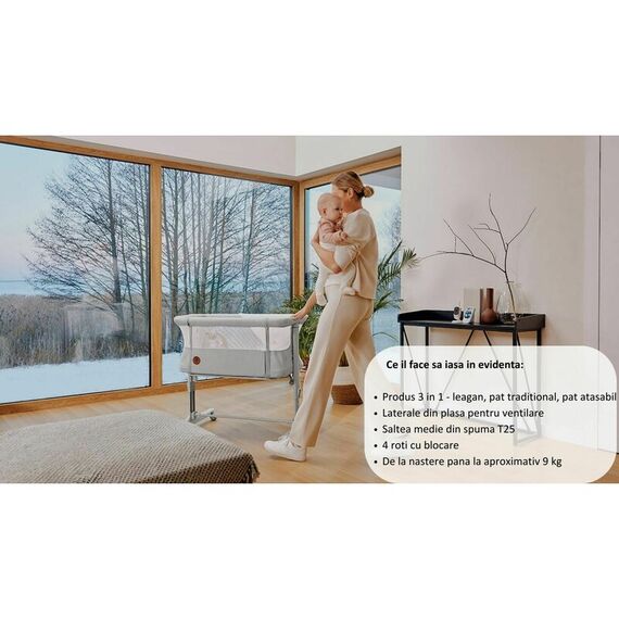 Patut co-sleeper, Lionelo, Aurora, 3 in 1, Cu leganare si setare unghiulara, Pana la 9 kg, 0 luni+, Gri, Culoare: Gri, Dimensiuni: 80x50 - poza 15 - ExclusivMAG.ro