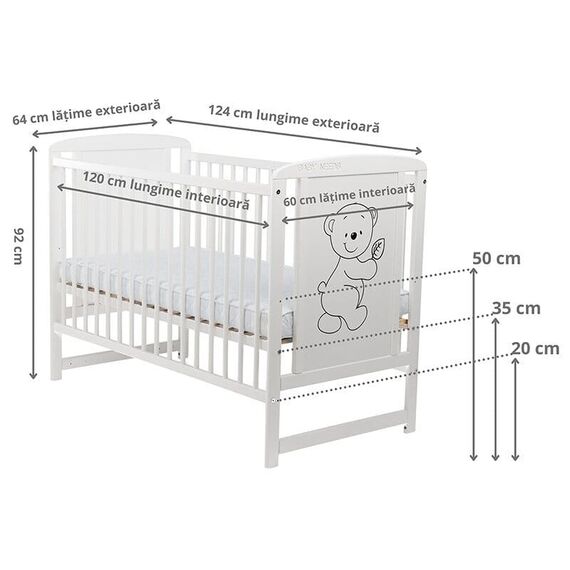 Patut din lemn BabyNeeds Timmi 120x60 cm, Alb - poza 5 - ExclusivMAG.ro